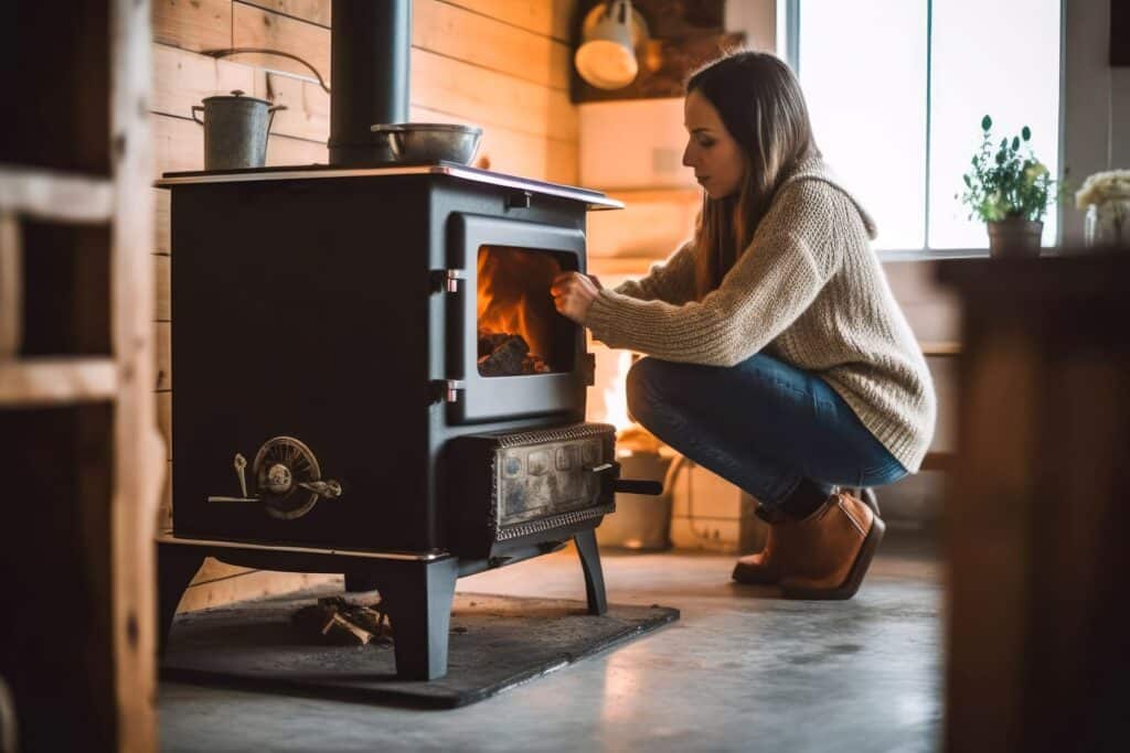 Eine Frau kniet vor einem modernen, schwarzen Kaminofen, während sie Holz in das Feuer nachlegt. Sie trägt einen beigen Strickpullover und Jeans, die Szene wirkt warm und gemütlich. Der Ofen strahlt ein helles Feuer aus, das den Raum in sanftes Licht taucht. Im Hintergrund ist eine helle Wand mit einem Fenster zu sehen, auf der eine kleine Pflanze steht. Die Umgebung vermittelt eine heimelige, rustikale Atmosphäre.