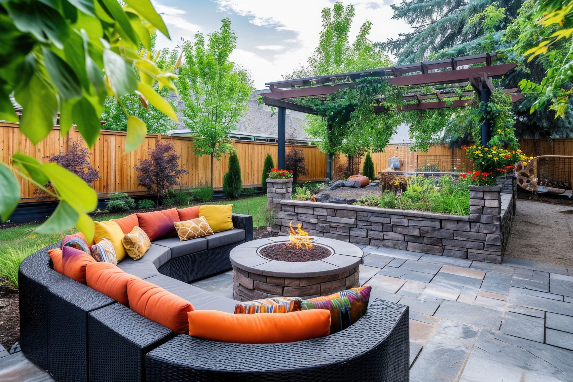 Ein gemütlicher Outdoor-Garten mit runder Feuerstelle, moderner Sitzgruppe und einem Pavillon im Hintergrund, umgeben von üppigem Grün und farbenfrohen Blumen.