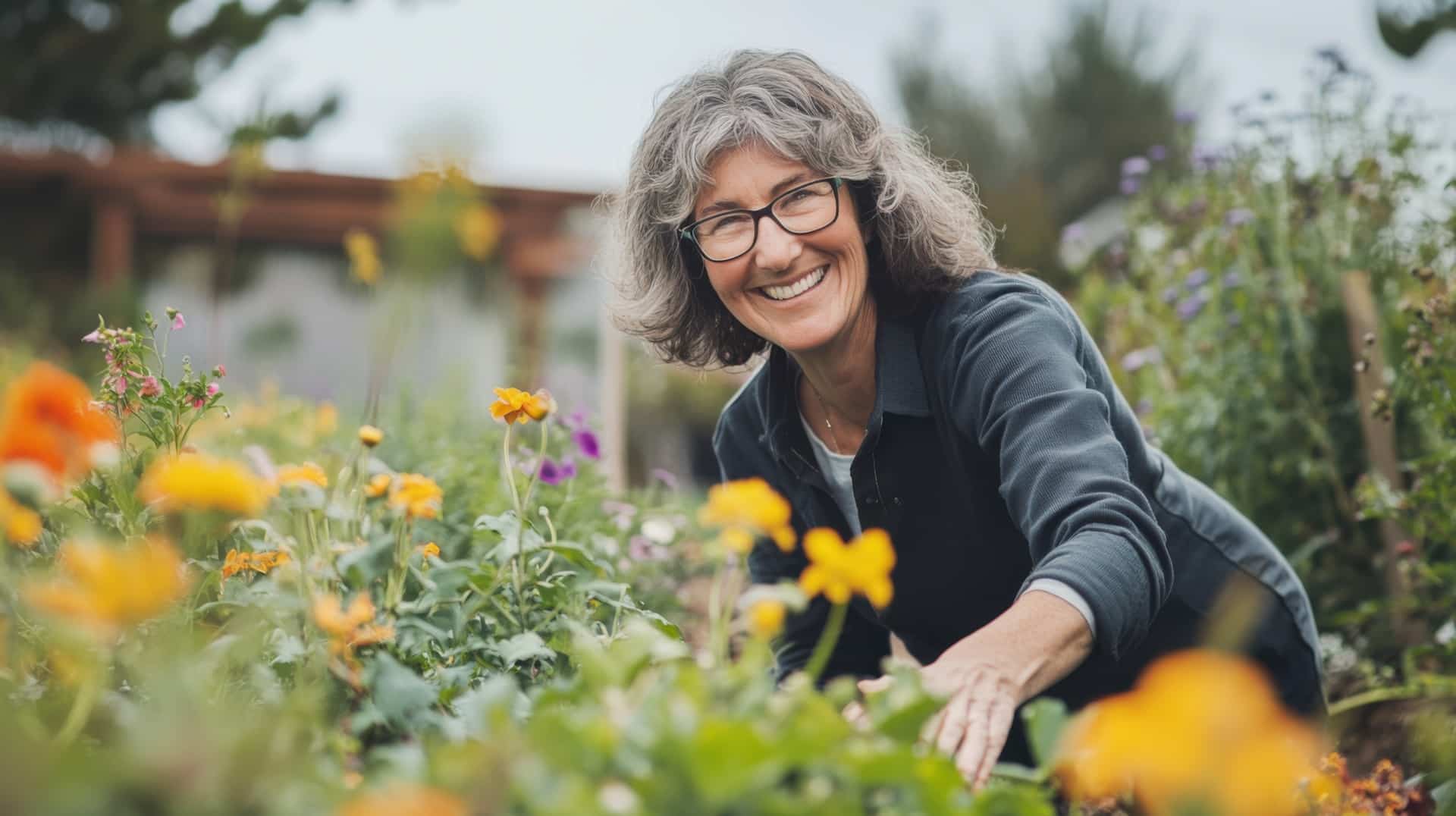 Lächelnde Frau pflegt Beet im Naturgarten | Gartenstecker Rost