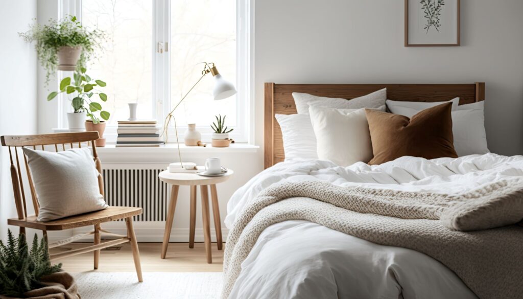 gemuetliches schlafzimmer mit jersey bettwaesche in naturtoenen – wohnlicher look mit holz und textilien