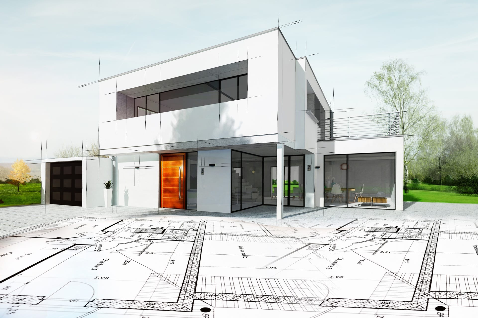 Visualisierung modernes Haus mit Bauplan | Wärmepumpe Halle