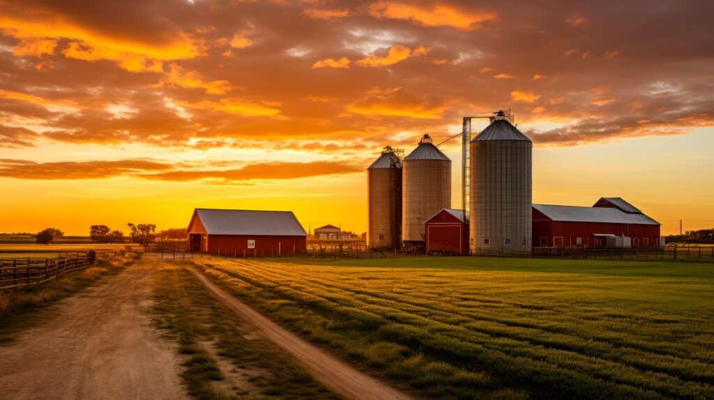 Weitlaeufige Landwirtschaft mit Silos und Scheunen bei Sonnenaufgang – Symbol fuer Effizienz und Struktur im Agrarbetrieb