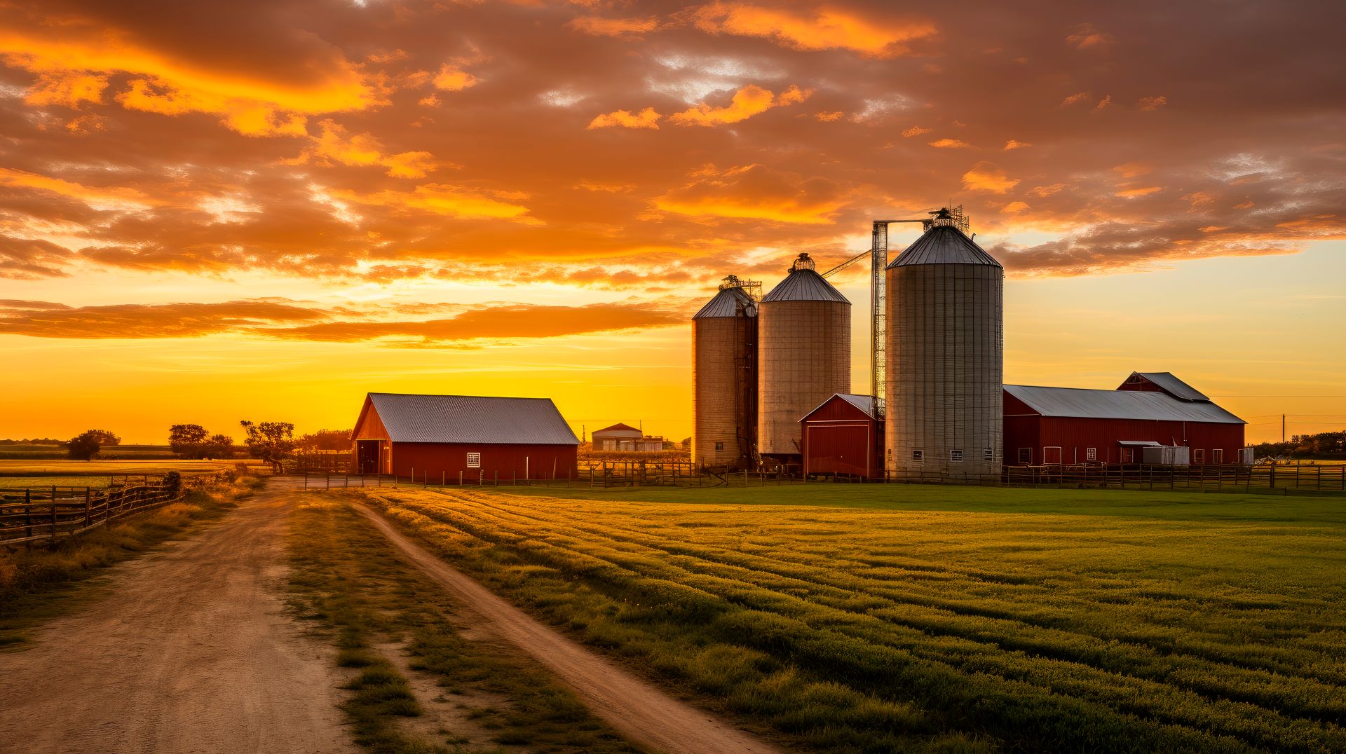 Weitlaeufige Landwirtschaft mit Silos und Scheunen bei Sonnenaufgang – Symbol fuer Effizienz und Struktur im Agrarbetrieb