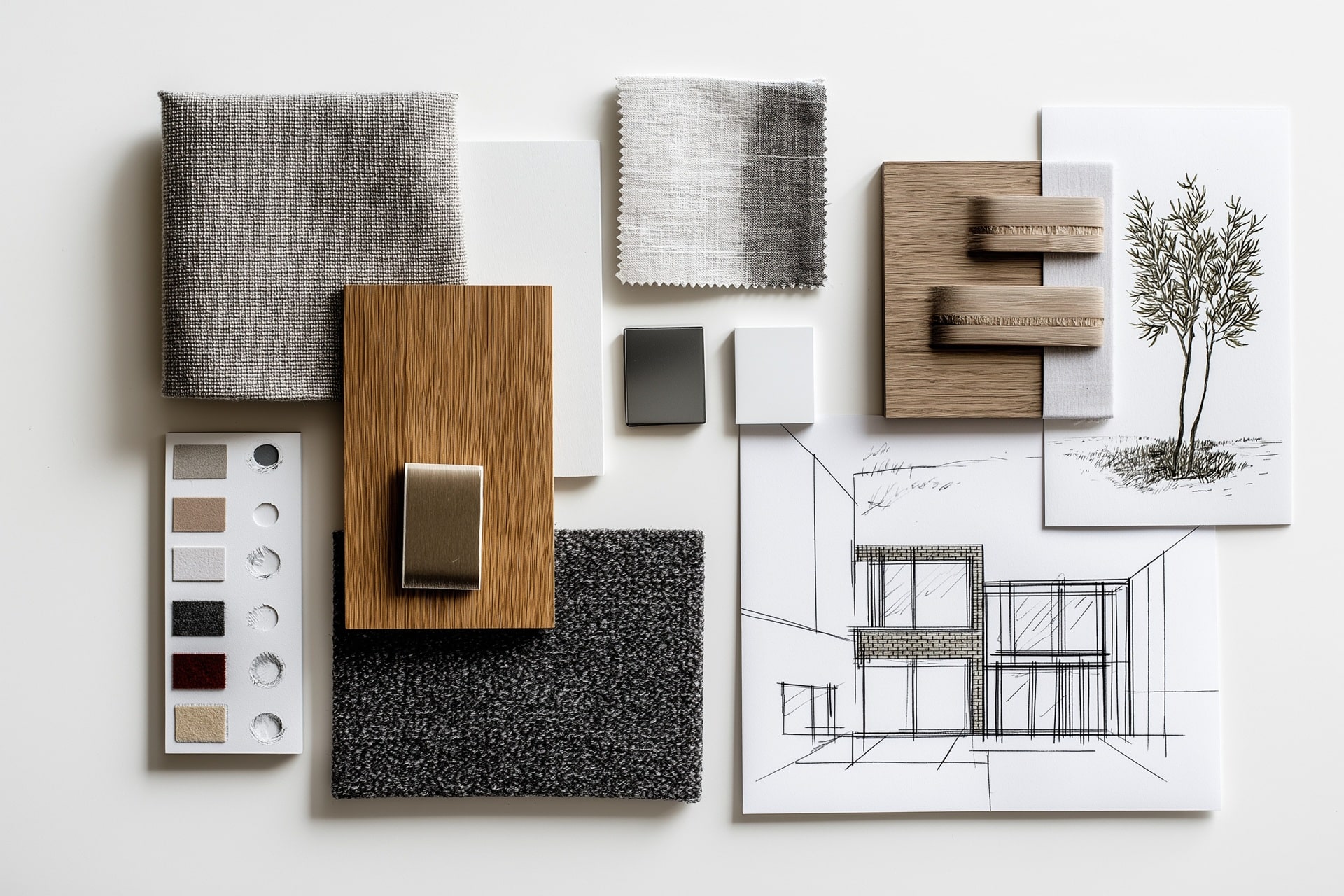 Moodboard mit Holz und Stoffmustern | Bettbänke